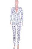 Dark Blue street Polka Dot Button Milk. Long Sleeve V Neck Jumpsuits