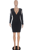Black Celebrities Cap Sleeve Long Sleeves V Neck Lantern skirt Knee-Length Solid Patchwork tasse