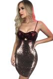 Gold adult Fashion Sexy Spaghetti Strap Sleeveless Slip Step Skirt skirt Sequin Solid Club Dre