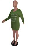 Army Green adult Casual Fashion Cap Sleeve Long Sleeves V Neck Lantern skirt Knee-Length Patchwork Embro