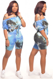 Blue Fashion adult Casual Tie Dye Bandage Print Two Piece Suits Patchwork pencil Half Sleeve
