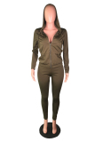 Army Green Fashion adult Active Casual Lightly cooked Zippered Two Piece Suits pencil Long Sleeve