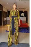 Yellow Casual Fashion bandage Print Asymmetrical Long Sleeve Peter Pan Collar Jumpsuits