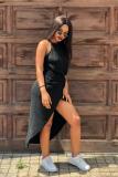 Black Fashion Casual Sexy Cap Sleeve Sleeveless O neck Asymmetrical Mid-Calf Draped Solid split