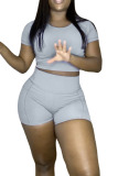 Grey Sportswear Solid Patchwork O Neck Short Sleeve Two Pieces