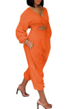 Rose Red Casual Solid Patchwork Fold Asymmetrical V Neck Long Sleeve Two Pieces