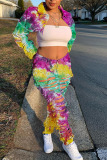rose red Fashion Casual Adult Print Tie Dye Ripped Tie-dye Turndown Collar Long Sleeve Regular Sleeve Short Two Pieces