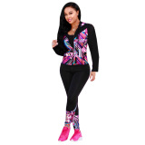 Pink Sexy Print Patchwork Hooded Collar Long Sleeve Two Pieces