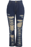 Dark Blue Denim Zipper Fly Button Fly High washing Hole Zippered Pocket Straight Pants Pants