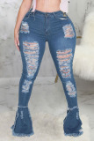Dark Blue Sexy Denim Solid Ripped Plus Size 
