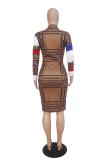 Multi-color Fashion Sexy Cap Sleeve Long Sleeves V Neck Lantern skirt Knee-Length Print Patchwork