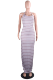 Grey Sexy Fashion Spaghetti Strap Sleeveless Slip Step Skirt Floor-Length Striped Casual Dress