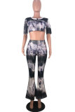 Grey Sexy Fashion Patchwork Print Tie Dye Boot Cut Short Sleeve Two-piece Pants Set