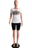 Leopard print O Neck Short Sleeve Letter Print Patchwork 