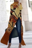 Dark Grey African Figure Print High Slit Turtleneck Long Sleeve Long Casual Maxi Dresses