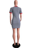 Yellow Sexy Fashion Cap Sleeve Short Sleeves O neck Step Skirt skirt Patchwork Pocket Print Strip