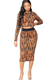 Black and white Sexy Two Piece Suits Patchwork Striped Hip skirt Long Sleeve Two-Piece Dress