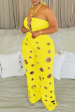 White Casual Sleeveless Cutout Design Halter Strapless Crop Top and Ripped Pants Summer Outings Two Pieces Trouser Sets