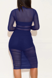 Deep Blue Cap Sleeve Long Sleeves O neck Pencil Dress Knee-Length Patchwork Print Dresses