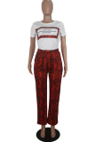 Yellow Casual Print Straight Short Sleeve Two-piece Pants Set