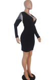 Black Celebrities Cap Sleeve Long Sleeves V Neck Lantern skirt Knee-Length Solid Patchwork tasse
