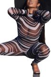 White Fashion Sexy Adult Gauze Striped See-through O Neck Skinny Jumpsuits