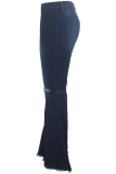 Blue Denim Button Fly Zipper Fly High Zippered Hole washing Pocket Boot Cut Pants 