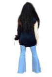 Dark Blue Turndown Collar Long Sleeve Patchwork Button Solid