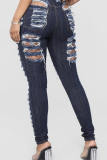 Blue Denim Zipper Fly Button Fly High Hole Zippered Pocket washing pencil Pants Pants