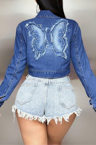 Blue Embroidery Butterfly Turndown Collar Long Sleeve Buttons Casual Croped Denim Jacket