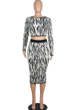 Black and white Sexy Two Piece Suits Patchwork Striped Hip skirt Long Sleeve Two-Piece Dress