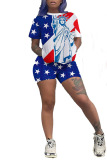 Multicolor Casual Print Patchwork O Neck Short Sleeve Two Pieces