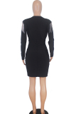 Black Celebrities Cap Sleeve Long Sleeves V Neck Lantern skirt Knee-Length Solid Patchwork tasse