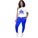 Blue Casual Print Asymmetrical Two Piece Suits Harlan Pants Short Sleeve Two Pieces