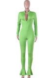 Green street Solid zipper Milk. Long Sleeve O Neck Jumpsuits