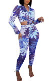 Blue Casual Print Bandage Patchwork Buckle Turndown Collar Long Sleeve Two Pieces