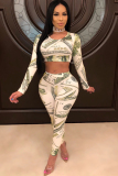 Cream white venetian Sexy Two Piece Suits Print pencil Long Sleeve Two-piece Pants Set