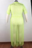 Yellow Casual Fashion Cap Sleeve Half Sleeves O neck Straight Ankle-Length Solid asymmetrical Mes
