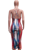 rose red Fashion Sexy adult Spaghetti Strap Sleeveless Slip Step Skirt Mid-Calf Print backless holl