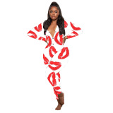White Living Lips Printed V Neck Skinny Jumpsuits