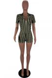 Black Fashion Sexy Print Patchwork zipper Striped Short Sleeve V Neck 