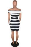 Black Sexy Fashion Off The Shoulder Sleeveless One word collar Sheath Mini Striped asymmetrical