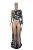 White One Shoulder Collar Long Sleeve asymmetrical Dot Print Slim fit Patchwork Long Sleeve Top