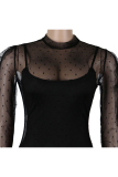 Black Network Sexy Patchwork Solid Hip skirt Long Sleeve Two-Piece Dress