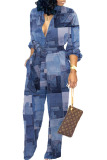 Blue Casual Color Lump Print Bandage Patchwork Buckle Mandarin Collar Straight Jumpsuits