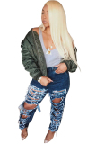 Dark Blue Denim Zipper Fly Button Fly High washing Hole Zippered Pocket Straight Pants Pants
