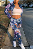 rose red Fashion Casual Adult Print Tie Dye Ripped Tie-dye Turndown Collar Long Sleeve Regular Sleeve Short Two Pieces
