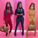 Black Sexy Casual Blends Solid Draw String Slit Fold Half A Turtleneck Long Sleeve Regular Sleeve Short Two Pieces