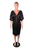 rose red Sexy lantern sleeve Half Sleeves V Neck Lantern skirt Mid-Calf Solid Casual Dresses