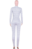 Dark Blue street Polka Dot Button Milk. Long Sleeve V Neck Jumpsuits